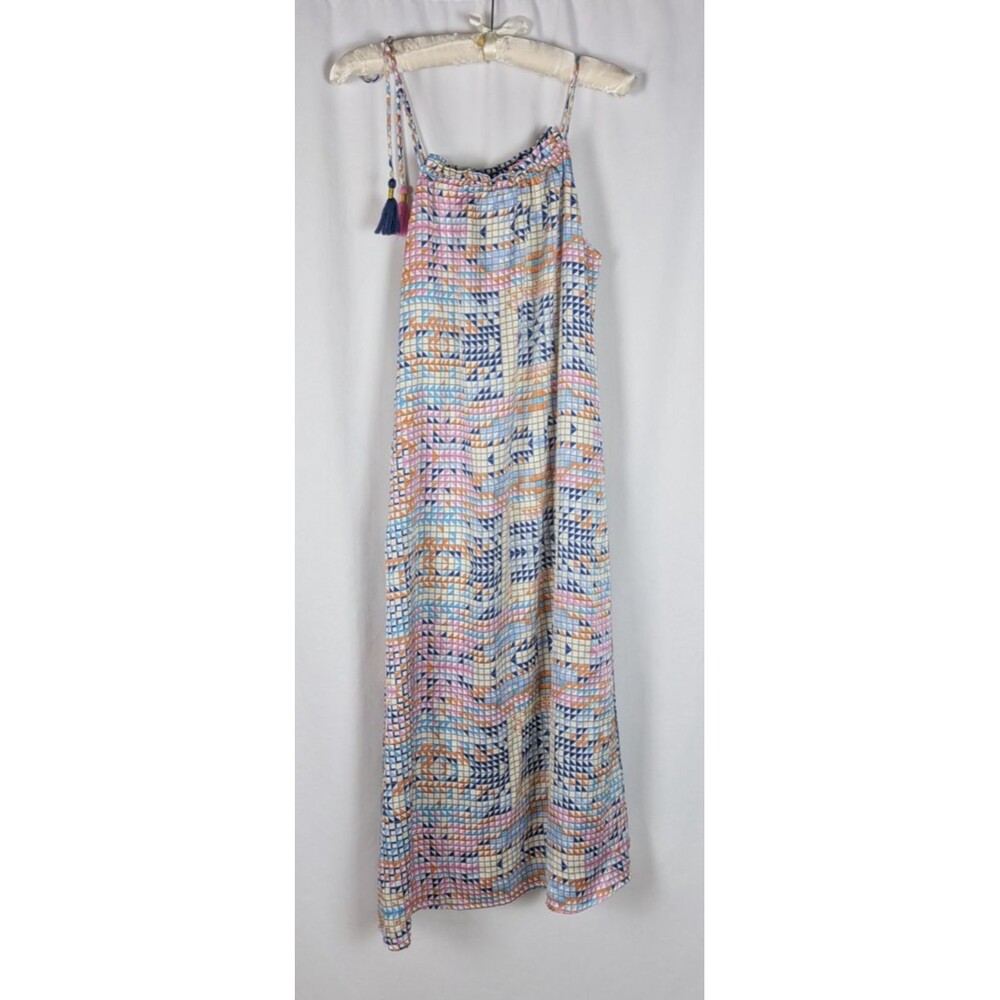 THML Geometric Mosaic Print Shoulder Tie Tassels Maxi Dress Size S Pockets Lined